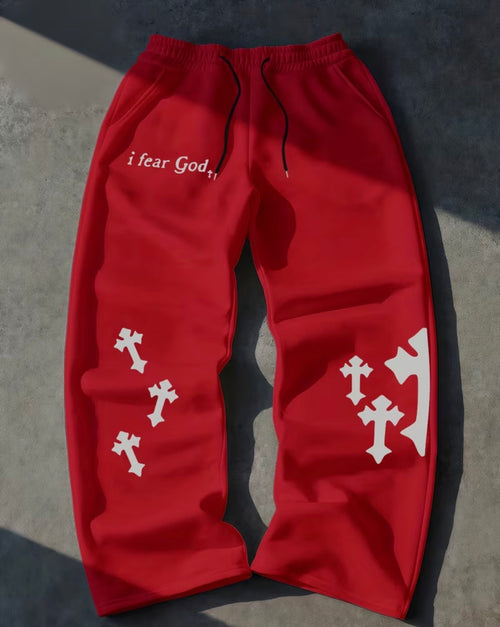 I Fear God" Cross Pattern Print Drawstring Sweatpants